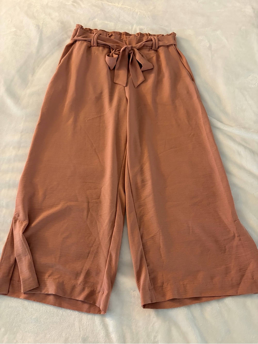 Paperbag-Waist Wide Leg Pants with Self-Tie Belt - Dusty Rose